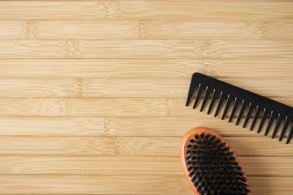 Bath Massage Brush Hair Comb Wooden Background Flat Lay Top — Stock Photo, Image