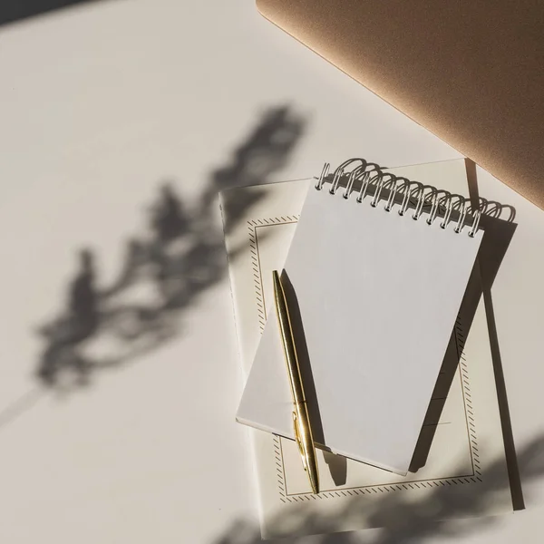 Порожній Паперовий Блокнот Копіювальним Простором Тінями Квітів Сонячного Світла Ноутбуком — стокове фото