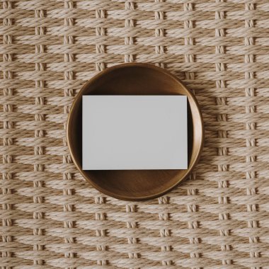 Fotokopi arkaplanında pirinç plaka olan boş bir kağıt kart. Üst görünüm, düz uzanan minimalist estetik lüks bohem ticari markalaşma kavramı