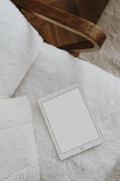 Tablet Pad Blank Screen Comfortable Woolen Armchair Aesthetic Template Mockup — Stock Photo, Image