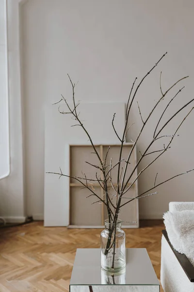 Getrocknete Zweige Bouquet Glasvase Auf Beistelltisch Hellen Skandinavischen Design Wohnzimmer — Stockfoto