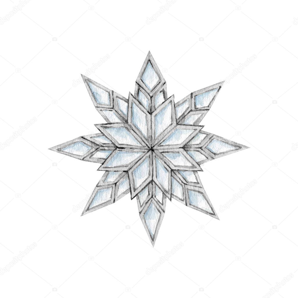 Watercolor crystal Christmas snowflakes hand drawn clipart. High quality winter holiday decoration snowflakes illustration