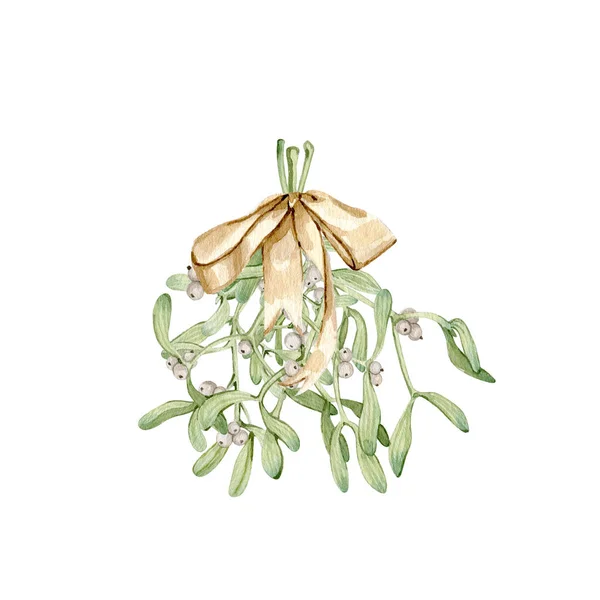 Suluboya Noel romantik ökseotu çiçeği kompozisyonu el çizimi illüstrasyon sanatı