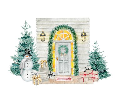 Suluboya Noel ağacı ve Noel Baba kompozisyonları el çizimi illüstrasyon sanatı