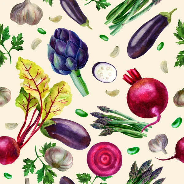 Patrón Ilustración Acuarela Verduras Sobre Fondo Beige Maíz Ajo Pimienta — Foto de Stock