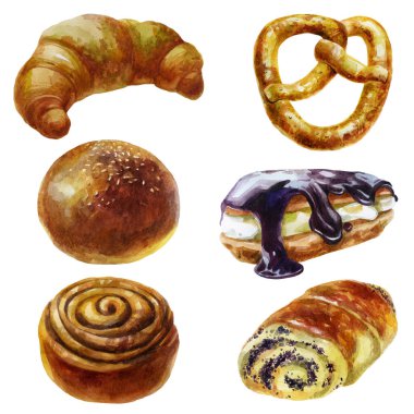 Suluboya resimli çörek seti. Zengin hamur işleri. Susamlı çörek. Haşhaş tohumlu çörek. Tarçınlı çörek. Susamlı kraker. Ekmek ve kruvasan..