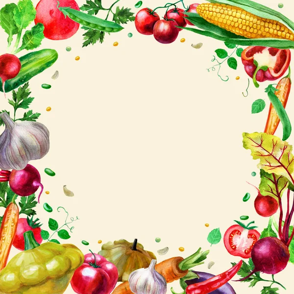 Акварельная Иллюстрация Овощная Рамка Рамка Овощей Бежевом Фоне — стоковое фото