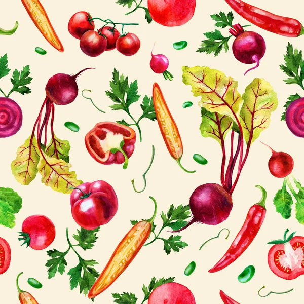 水彩画 米色背景的蔬菜图案 胡椒茄子 香草花椰菜 — 图库照片