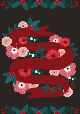 Noel tebrik kartı, poster, afiş, el ilanı, başlık şablonu tasarımı. Çiçekli vektör illüstrasyonu, karanlık arka planda kış tatili unsurları.