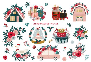 Vektör Noel dekoratif unsurları, karanlık arka planda izole edilmiş noel illüstrasyonları. Çiçekli Noel ve kış tatilleri modern el çizimi tarzında eğlenceli ve zarif bir koleksiyon.