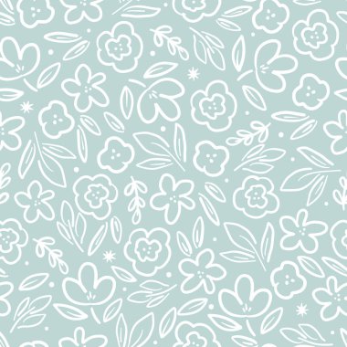 Güz Sonbaharı Kusursuz Şablonu, el çizimi vektör sonbahar yaprakları ve çiçekler İskandinav tarzında kesişir. Dijital kağıt, tekstil, kumaş, duvar kağıdı için kusursuz arkaplan dokusu