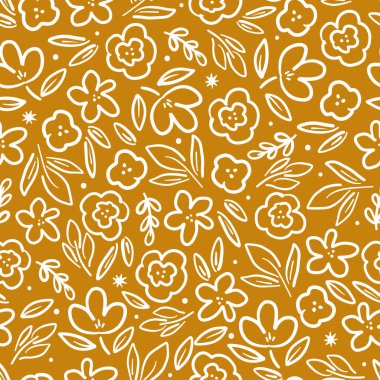 Güz Sonbaharı Kusursuz Şablonu, el çizimi vektör sonbahar yaprakları ve çiçekler İskandinav tarzında kesişir. Dijital kağıt, tekstil, kumaş, duvar kağıdı için kusursuz arkaplan dokusu