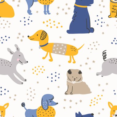 Sevimli vektör köpek vektör klipsli çocuklar İskandinav tarzında kusursuz kalıplar. Dijital kağıt, tekstil, kumaş, duvar kağıdı için kusursuz arkaplan dokusu