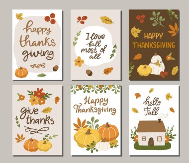 El çizimi vektör çizimi sonbahar posterleri ve çocuklar için kartlar, çocuk odası, Şükran Günü ve mevsimsel selamlama dizaynı. El yazısı, yazı harfleri, sonbahar klipleri.