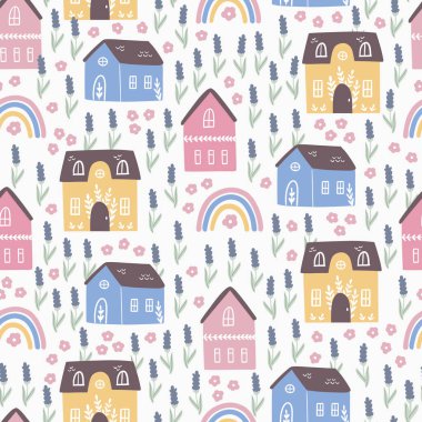 Sevimli vektör evleri, gökkuşağı ve çiçeklerin İskandinav tarzında kesiştiği kusursuz desenler. Dijital kağıt, tekstil, kumaş, duvar kağıdı için kusursuz arkaplan dokusu