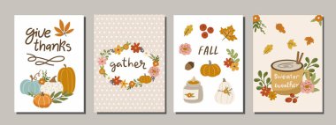 El çizimi vektör çizimi sonbahar posterleri ve çocuklar için kartlar, çocuk odası, Şükran Günü ve mevsimsel selamlama dizaynı. El yazısı, yazı harfleri, sonbahar klipleri.