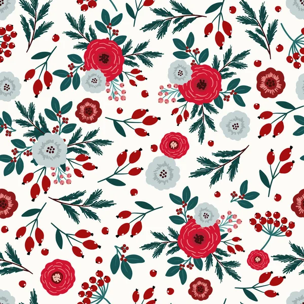 花卉和浆果圣诞无缝线图案矢量背景 用于纺织品 包装纸 文具的数码纸 — 图库矢量图片