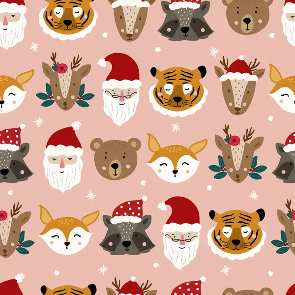 Fun animal face Christmas Seamless pattern vector background, digital paper for textile, fabric, wrapping paper, wallpaper, stationery