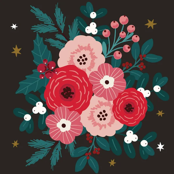 Noel tebrik kartı, poster, afiş, el ilanı, başlık şablonu tasarımı. Çiçekli vektör illüstrasyonu, karanlık arka planda kış tatili unsurları.