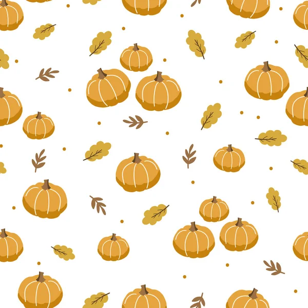 Autumn Fall Seamless Pattern Hand Drawn Vector Pumpkin Leaves Clipart — Stock Vector