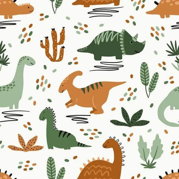 Kids seamless pattern with cute dinosaur vector clipart in scandinavian style. Digital paper, seamless background texture for textile, fabric, wallpaper