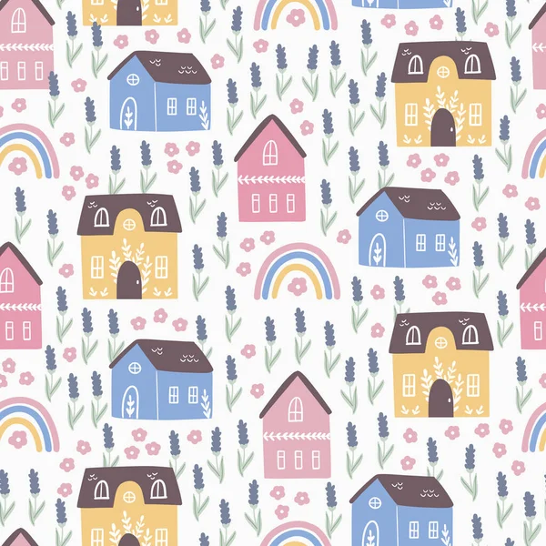 Kids seamless pattern with cute vector houses, rainbow, flower clipart in scandinavian style. Digital paper, seamless background texture for textile, fabric, wallpaper
