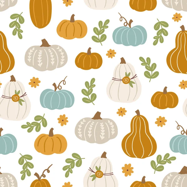 Autumn Fall Seamless Pattern Hand Drawn Vector Pumpkin Leaves Clipart — Stock Vector