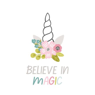 Tuhaf peri masalı bebek ve çocuk odası posteri, çiçekli kart tasarımı ve tek boynuzlu atlar.