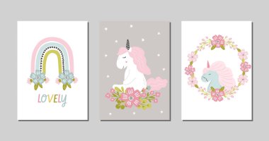 Çocuk odası tek boynuzlu atı, fantezi kartları ve posterler, gökkuşağı, tek boynuzlu at, vektör çayır çiçekleri ve modern İskandinav tarzında buketler.