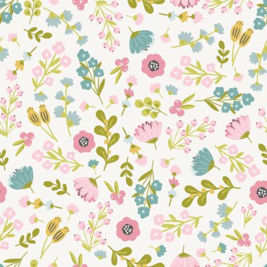 Çocuklar ve bebek ürünleri, kumaş, duvar kâğıdı, kırtasiye malzemeleri için tatlı vektör el çizimleri olan kusursuz çiçek desenli tasarım. Çayır çiçekli dijital kağıt