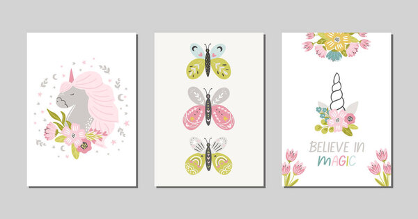 Set of nursery unicorn and fantasy cards and posters, whimsical banner design with rainbow, unicorn, vector meadow flowers and bouquets in modern scandinavian style