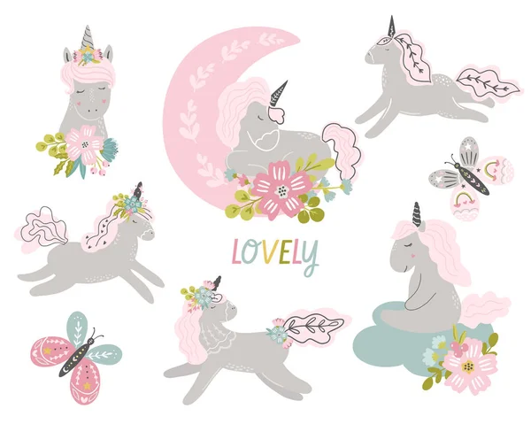 Set Tangan Digambar Cute Unicorn Hewan Clipart Dalam Whimsical Sandinavian - Stok Vektor