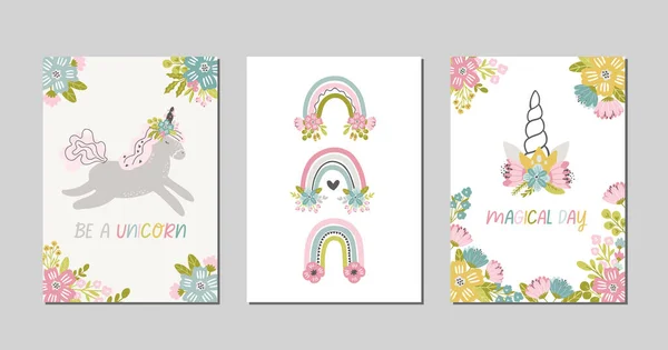 Çocuk odası tek boynuzlu atı, fantezi kartları ve posterler, gökkuşağı, tek boynuzlu at, vektör çayır çiçekleri ve modern İskandinav tarzında buketler.