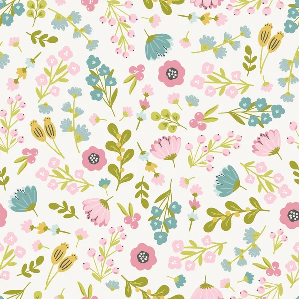 Çocuklar ve bebek ürünleri, kumaş, duvar kâğıdı, kırtasiye malzemeleri için tatlı vektör el çizimleri olan kusursuz çiçek desenli tasarım. Çayır çiçekli dijital kağıt