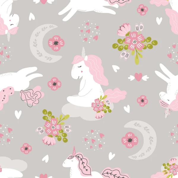 Unicorn Meadow digital paper, unicorn seamless pattern for kids and baby products, fabric, textile, stationery, wallpaper, gift wrapping.