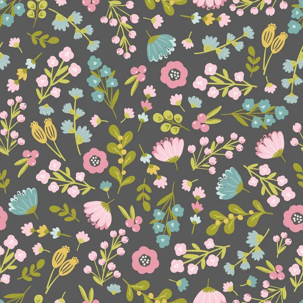 Çocuklar ve bebek ürünleri, kumaş, duvar kâğıdı, kırtasiye malzemeleri için tatlı vektör el çizimleri olan kusursuz çiçek desenli tasarım. Çayır çiçekli dijital kağıt
