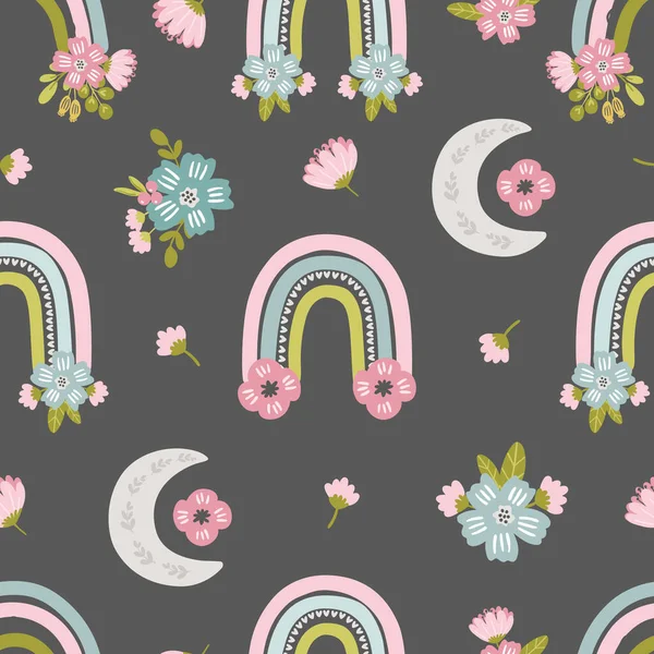 Çiçek gökkuşağı ve ay tuhaf bebek ve bebek odası düz desenli kumaş, tekstil ve duvar kâğıdı için şirin el çizimi vektör tarzı