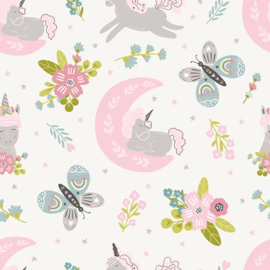 Tek boynuzlu at çayırı dijital kağıt, çocuklar ve bebek ürünleri için tek boynuzlu at deseni, kumaş, tekstil, kırtasiye, duvar kağıdı, hediye paketi.