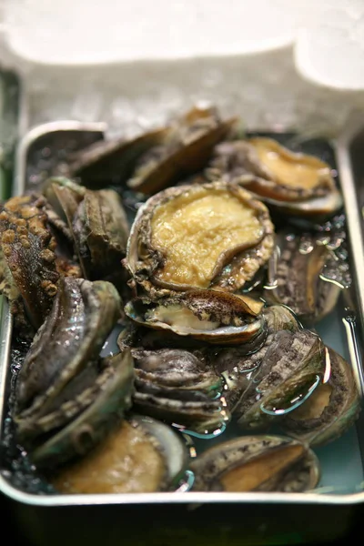 Kyoto Japón Noviembre 2021 Abalones Conchas Una Bandeja Pescadero Kyoto — Foto de Stock