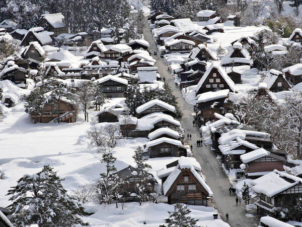 Shirakawago, Japan - February 18, 2022 : Snow-covered Shirakawago village in winter recorded on February 18, 2022. Beautiful Traditional houses (thatched roof or gassho-zukuri). Shirakawago is one of the UNESCO World Heritage site.