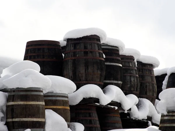 宮城県 2022年2月23日雪の中に積もった雪に覆われたウイスキー樽 — ストック写真