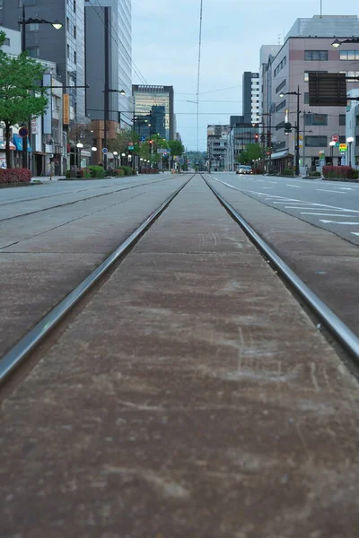 Toyama Japan April 2022 Tracks Tram Toyama Chiho Railway Morning — стоковое фото