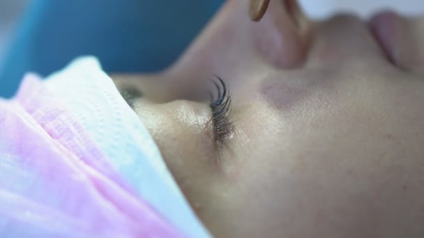 美容院的专业睫毛增强 特殊的药物适用于睫毛 — 图库视频影像