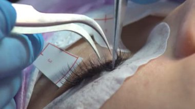 Güzellik salonunda profesyonel kirpik büyütme. Kirpiklere özel ajan uygulanır.
