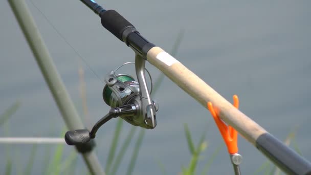 Біля Озера Багато Рибальських Паличок Спортивного Рибальства — стокове відео