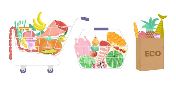 一套装满食物篮和ECO包的购物袋 — 图库矢量图片