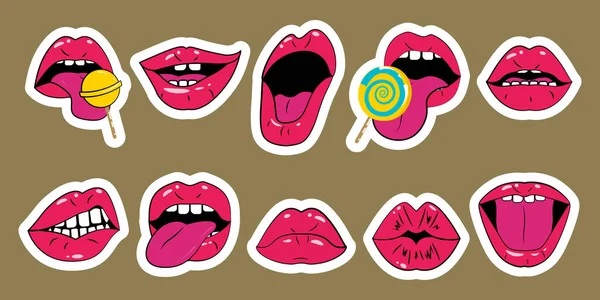Aranyos ragadós címkék díszített szexi nők ajkak — Stock Fotó