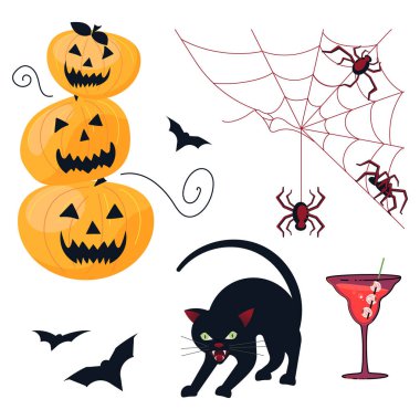 Beyaz arkaplanda izole edilmiş Cadılar Bayramı sembolleri.