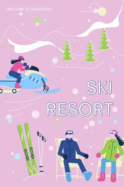 Sztandar ośrodka narciarskiego z ludźmi mają relaks i snowsport zabawy. — Zdjęcie stockowe