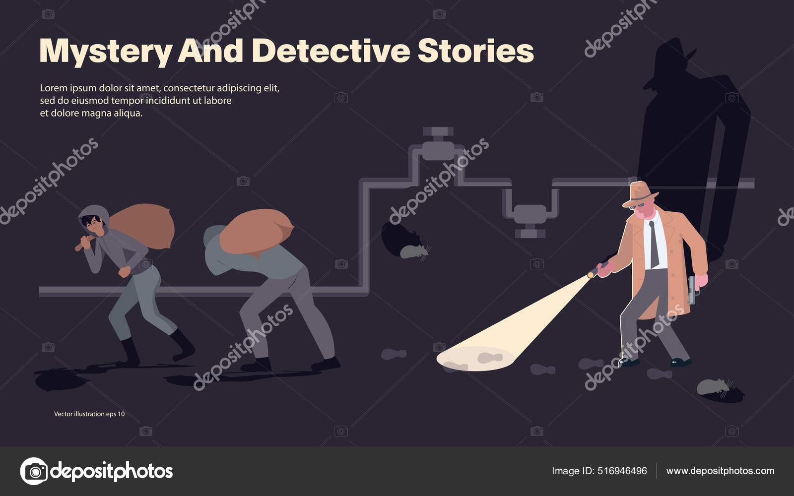 A detective with a flashlight follows the trail of criminals Stock